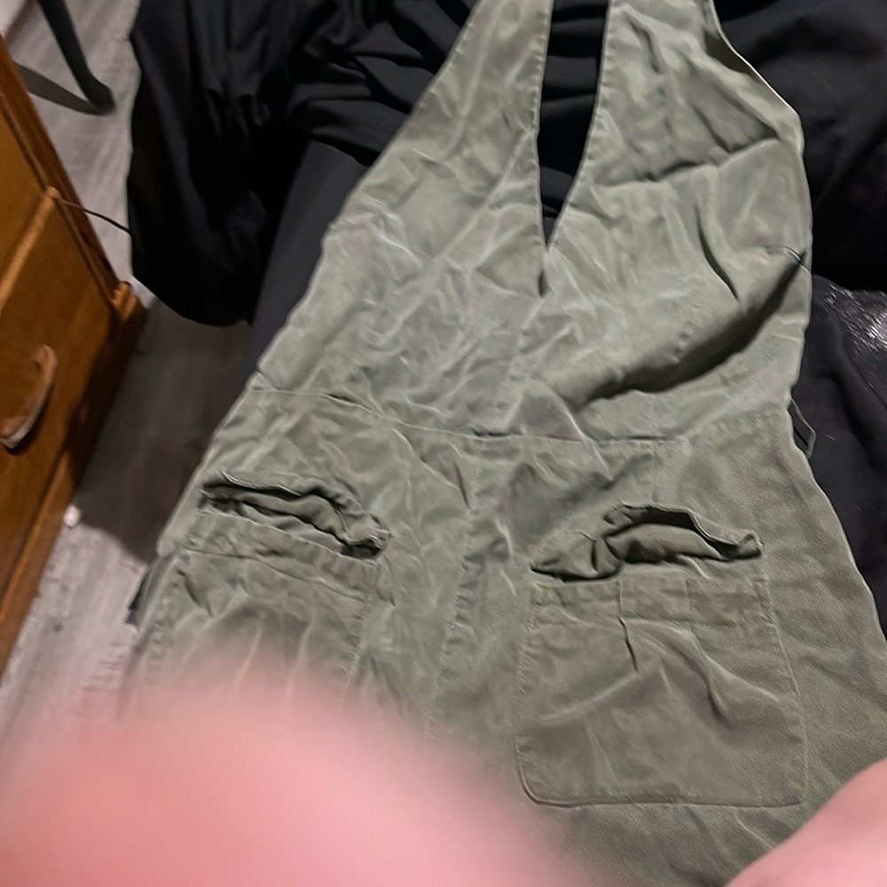 Olive green plunge neck, shorts, romper